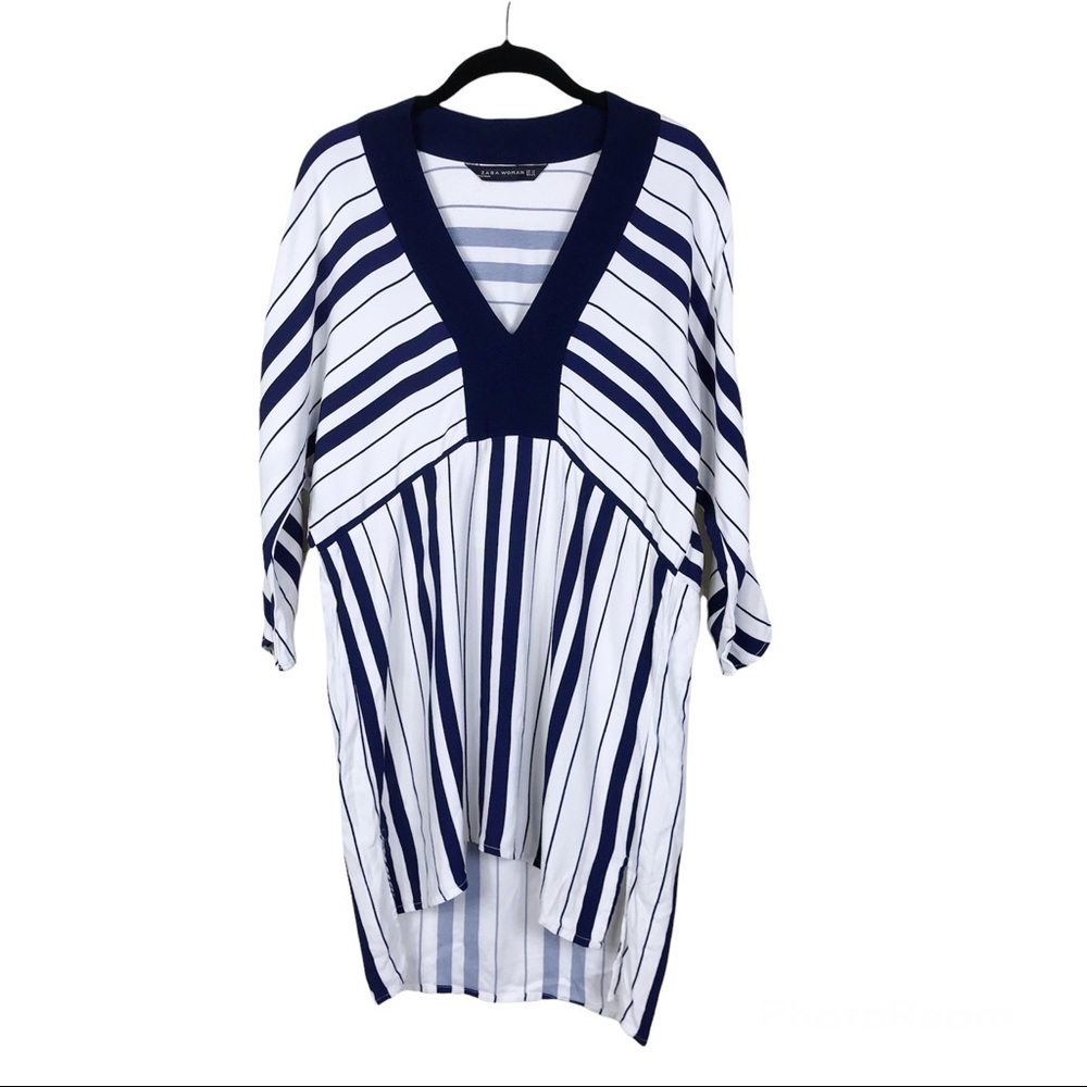 Zara Woman Navy White Striped V-Neck Hi-Low Side Slits Dolman Kimono Top Size XS